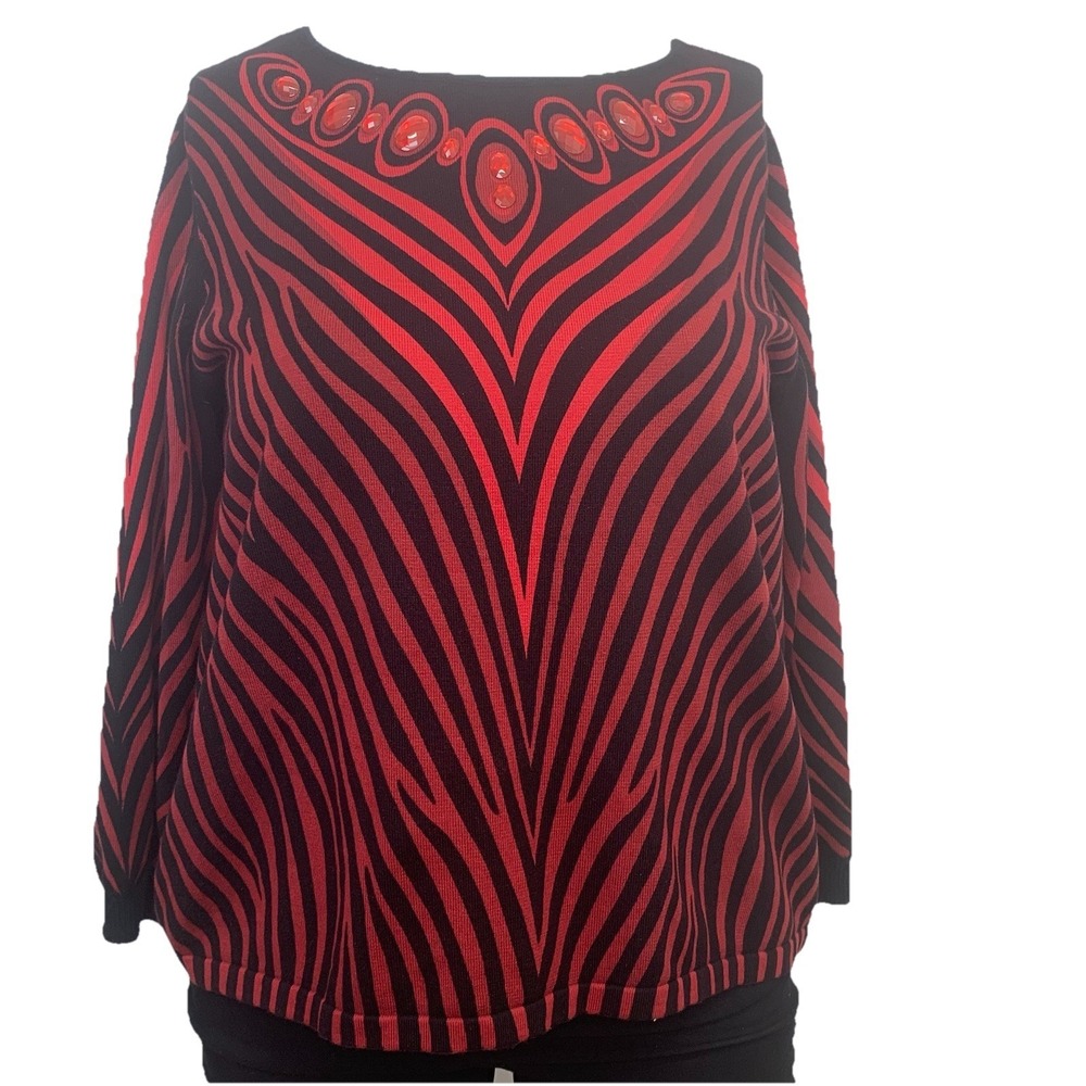 Bob Mackie Wearable Art Red Black Beaded Sweater Pull Over 2X Long Sleeve Casual